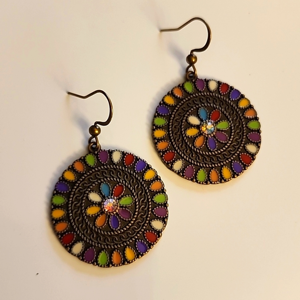 Boho Disc Earrings Bronze Colorful Center Simulated Diamond Er 10$
